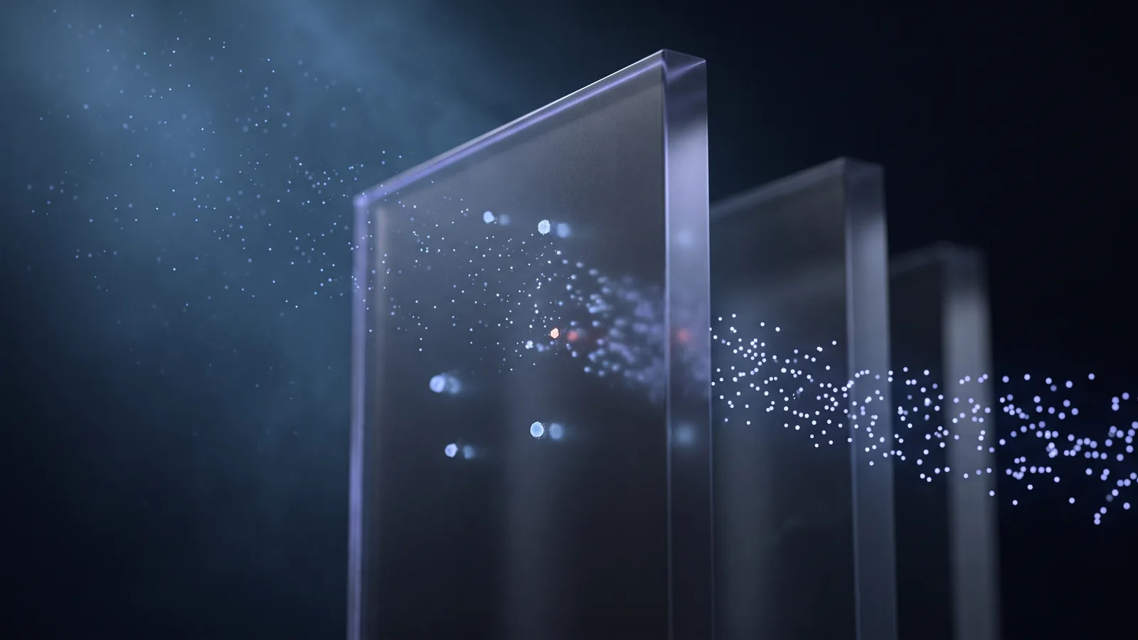 Particles passing through upright panes of frosted glass, a few caught at the surface
